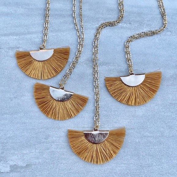 Pure Silk Fan Tassel Boho 22K Gold Necklace - Picture 2 of 9